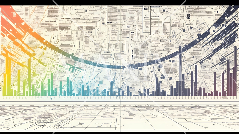 様々なチャートや数値表など様々な計量指標がランダムに空間に散りばめられた背景