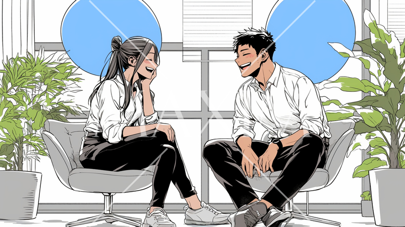 会社の休憩室で談笑中の男女