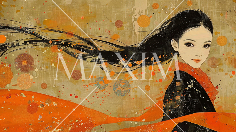 コピースペースのある琳派的な日本画調の女性の肖像画