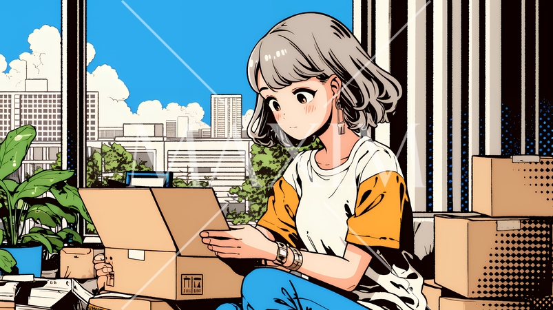 引っ越しの荷造り・荷解きをしている若い女性