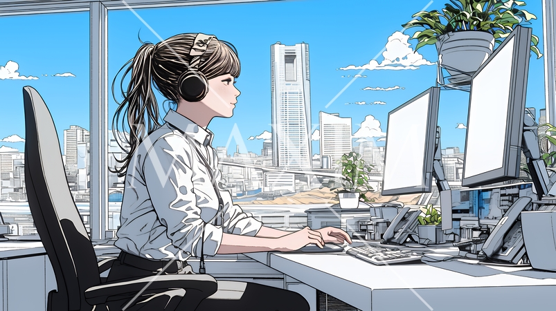 職場のデスクでパソコンに向かって仕事をしているビジネスウーマン