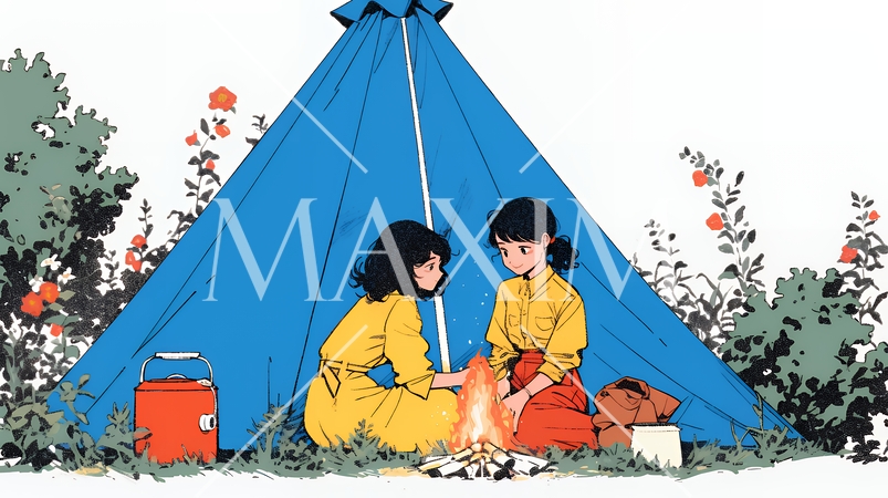 女友達と一緒にテントキャンプを楽しむ若い女性