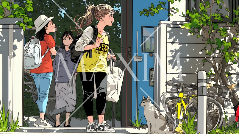 道端で会話を楽しむ若い主婦たち（ママ友たち）