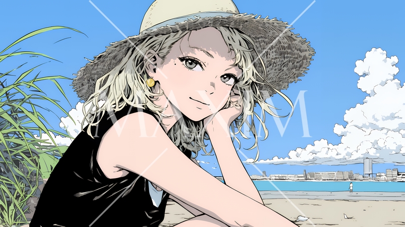 夏の南国の海辺を一人で旅行中の若い女性