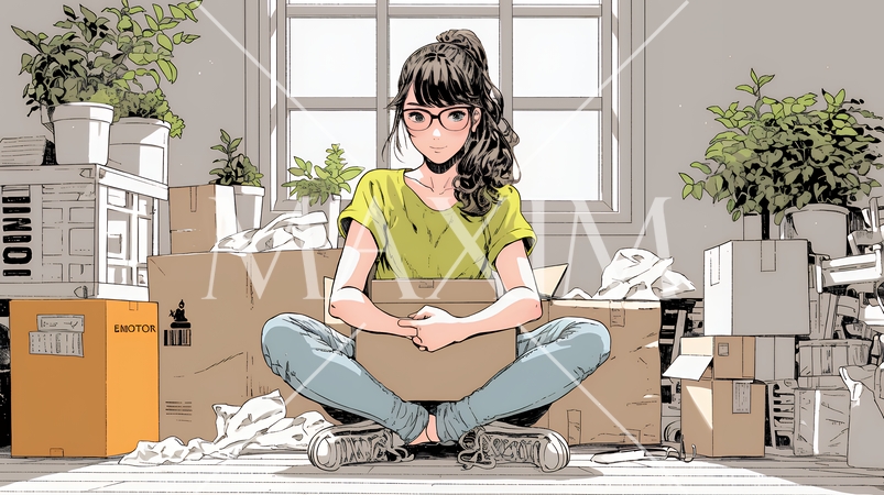 引っ越しの荷造り・荷解きをしている若い女性