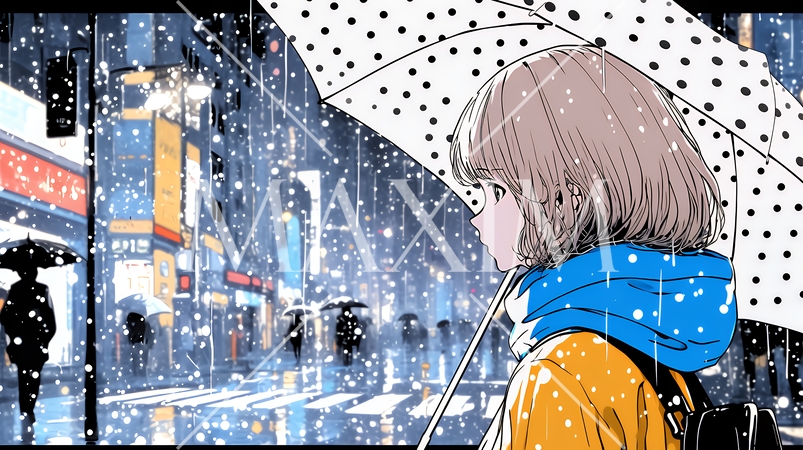 雨の日に傘をさして歩く若い女性