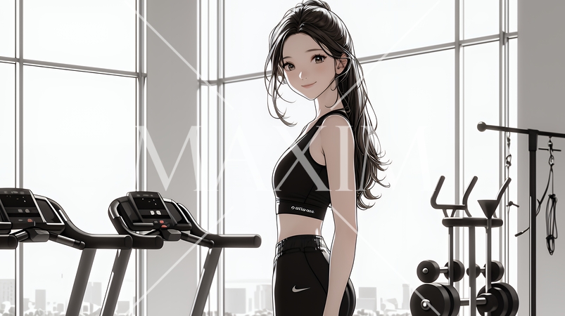 休日にジムで軽く運動する若い女性（シンプルな色使い）