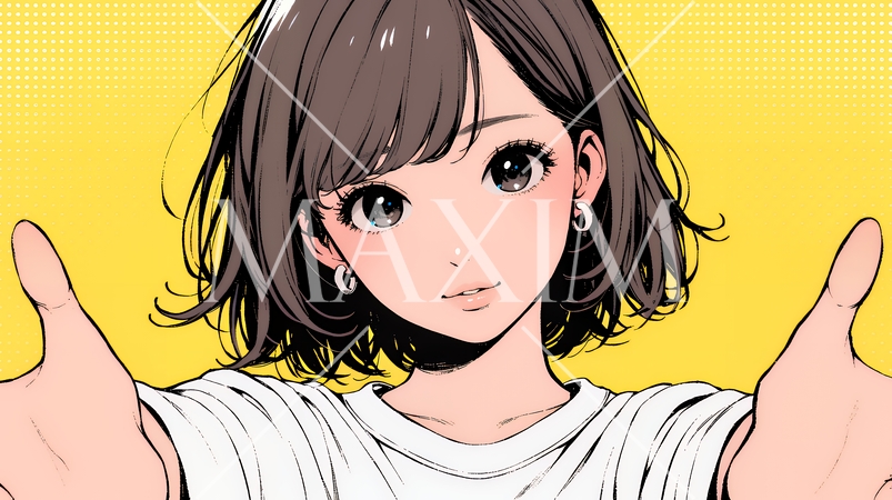 両手を広げて歓迎・驚きの仕草をしている若い女性