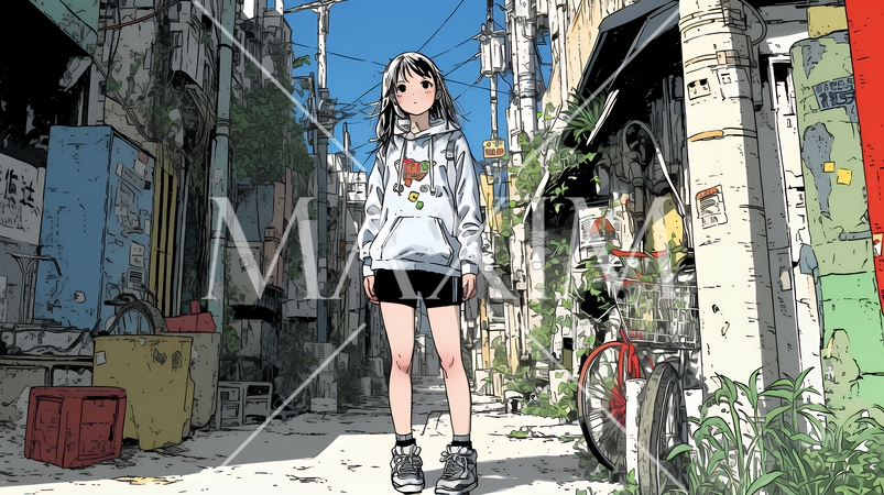 都会の治安の悪そうな場所にいる若い女性