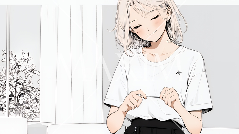 ウェストライン（腰回り）をチェックしている女性（シンプルな色使い）