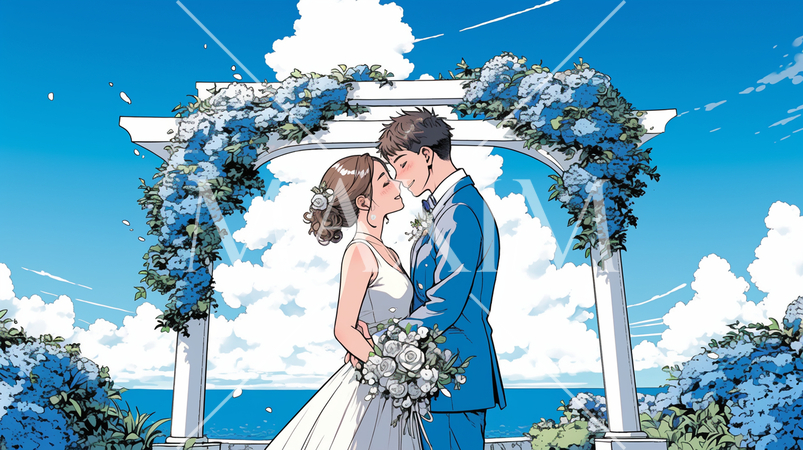 海辺で結婚式を挙げている若い男女