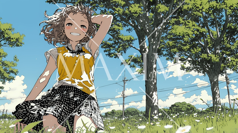 スカートを揺らしながら春風と戯れている若い女性