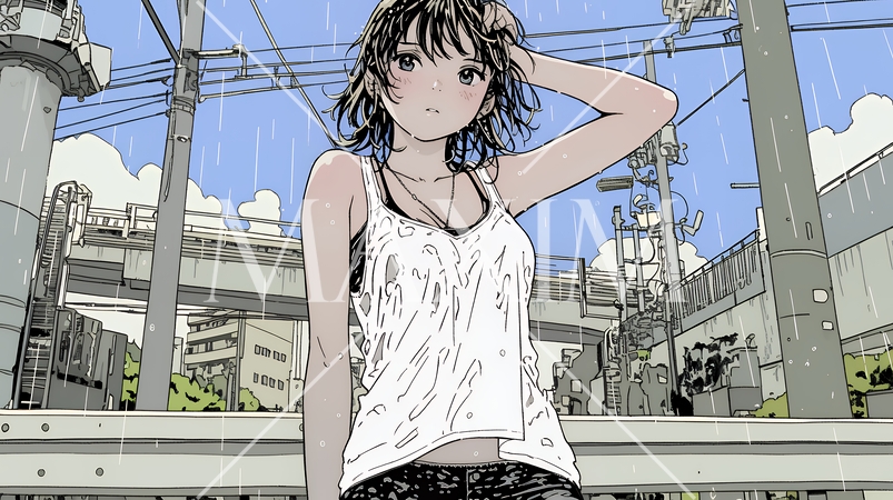 夏の急な雨でびしょ濡れの若い女性