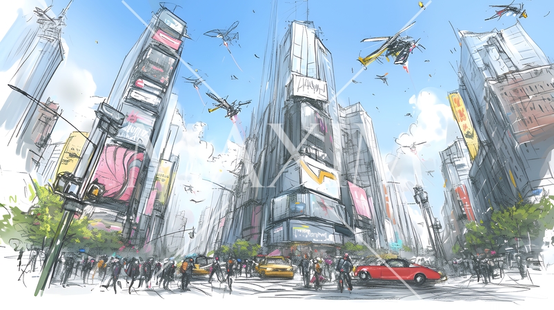 無数のドローンが飛び交うAIにより支配された近未来の都市