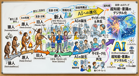 猿人からAI・サイボーグ化までの人類進化の流れを描いた手描き図解｜未来とテクノロジーの変遷イメージ（イラストID:905113-20439）
