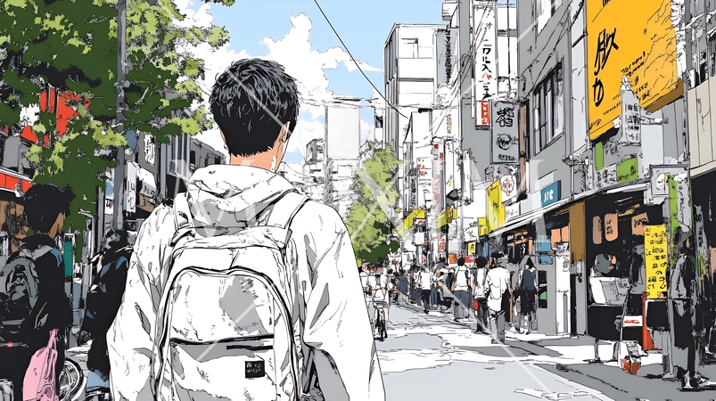 晴れた日に東京の商店街を歩く