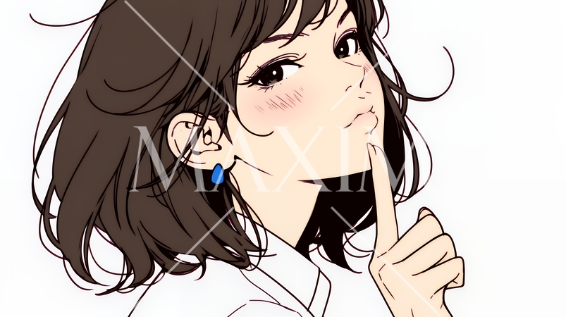 指を唇に当てて「シーShh」というジェスチャーをしている女性（シンプルな色使い）