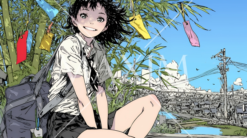 七夕飾りと制服を着た女子高生