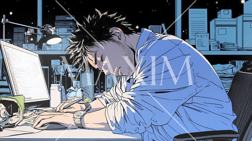 夜遅くまで残業するビジネスマン｜疲れた表情でパソコン作業をする会社員のビジネスイメージ