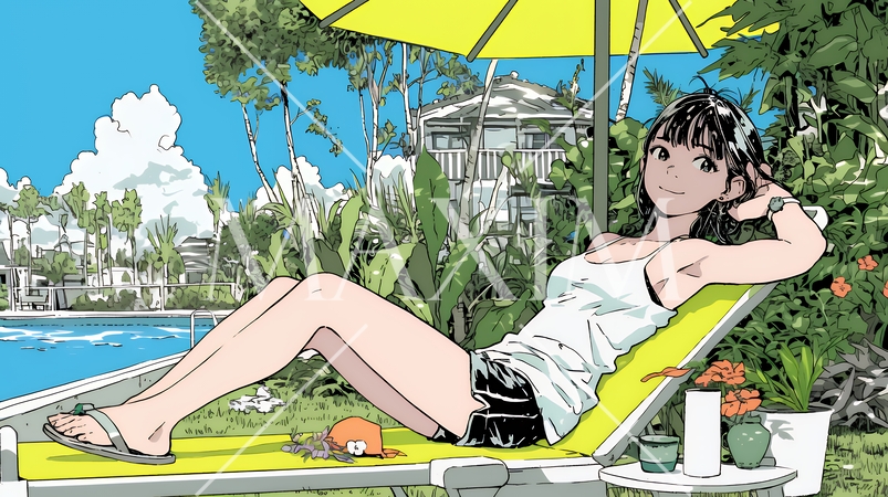 プールサイドのデッキチェアでくつろぐ若い女性｜夏のリゾートとリラックスライフスタイルイメージ