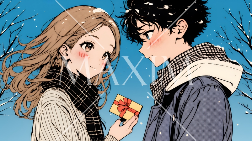 バレンタインディのチョコを男性に渡そうとしている若い女性