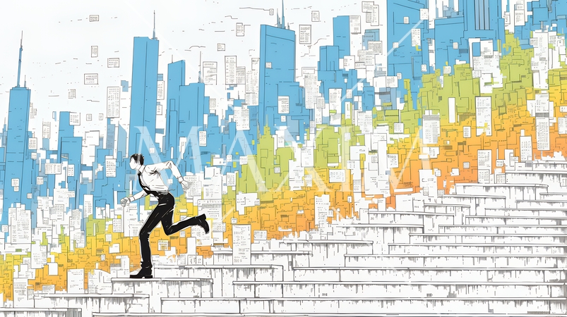 棒グラフの都会の町並みを駆け抜けるビジネスパーソン