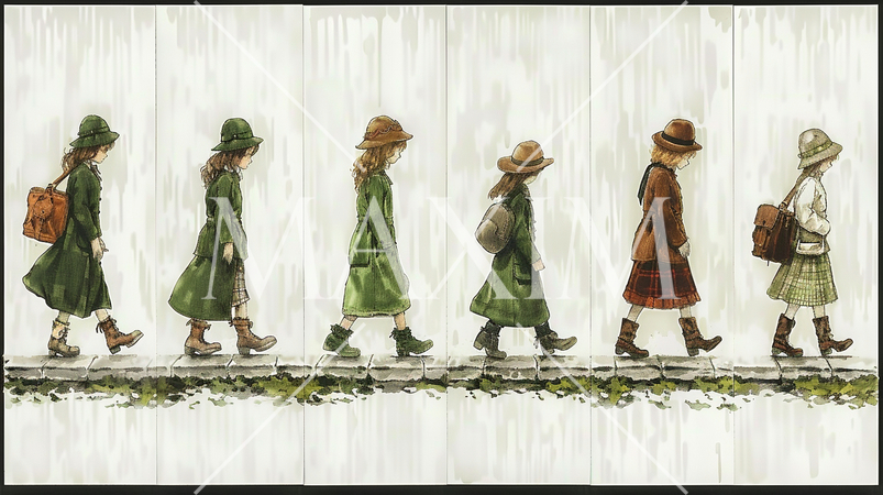 スンッ：下を向いてうなだれて並んで歩く少女たち：女性の社会進出を促す。：朝ドラ「虎に翼」の対比