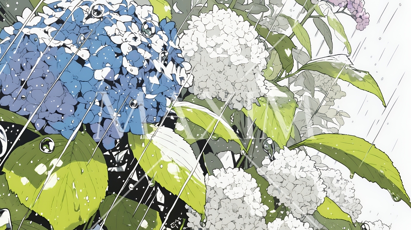 満開のアジサイと梅雨の雨