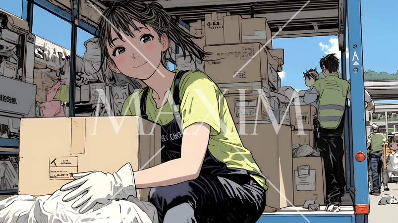 倉庫で配送作業をしている人たち