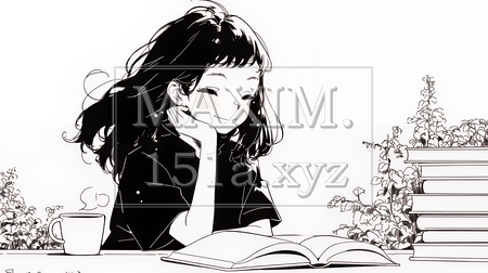 秋の読書を楽しむ若い女性｜静かで落ち着いた秋の日のイラストポートレート（シンプルな色使い）（イラストID:9069111-18096）