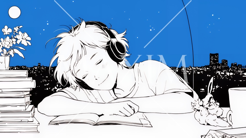 資料（本）を読みながら、うとうと眠ってしまう若い女性（シンプルな色使い）