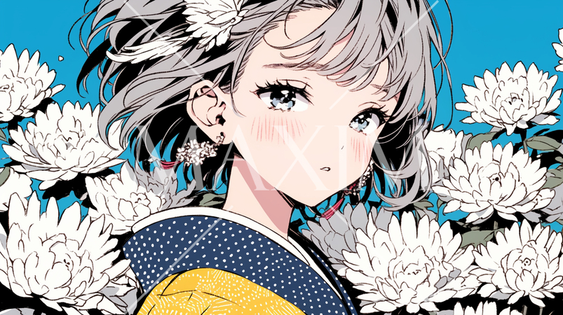 菊の花と若い女性