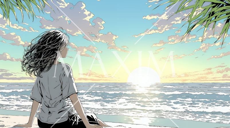 のんびり・ゆったり：夏のビーチで夕日（朝日）を眺める若い女性