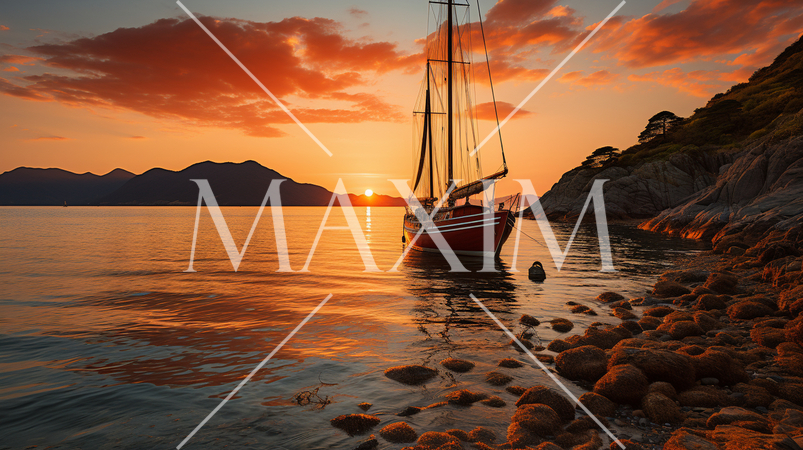 瀬戸内海の夕日とヨット：精緻CG