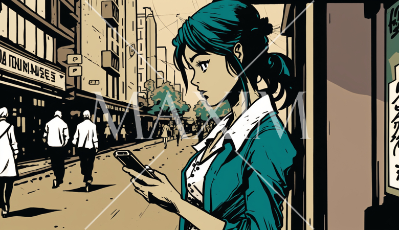 スマートフォンを見ながら街歩きをしている女性：歩きスマホの女性