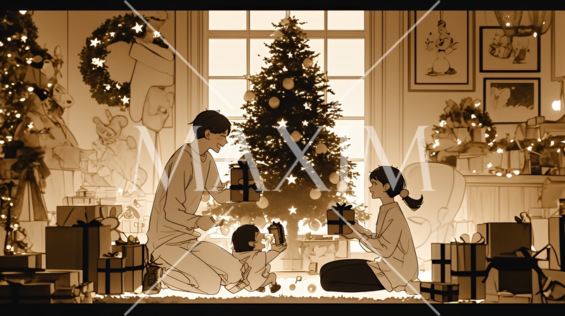 仲良し親子の楽しいクリスマス（シンプルな色使い）