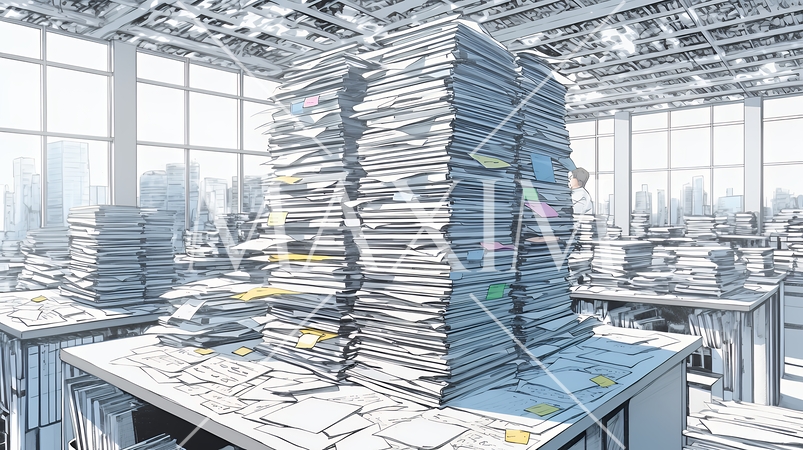 机の上に書類が山のように積まれている：書類整理ができていない状態