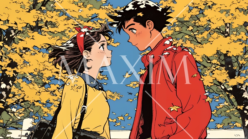 紅葉の公園でデートをしている若い男女のカップル