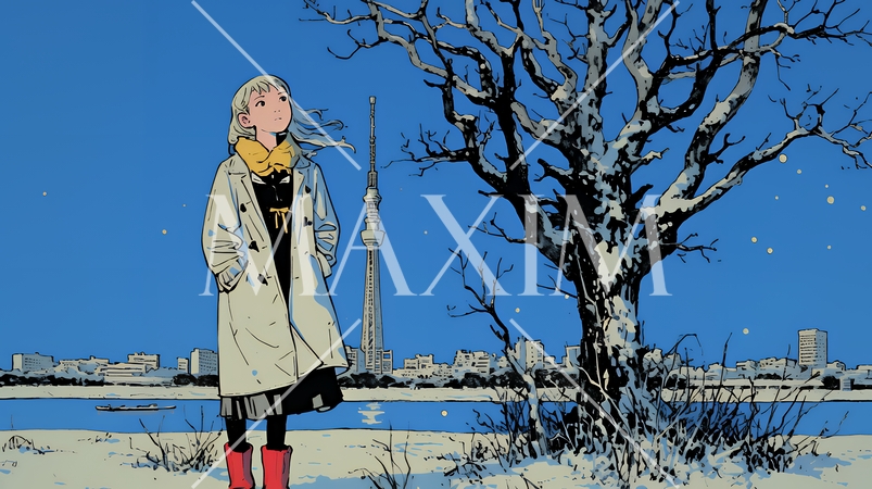 冬枯れの街を歩く若い女性