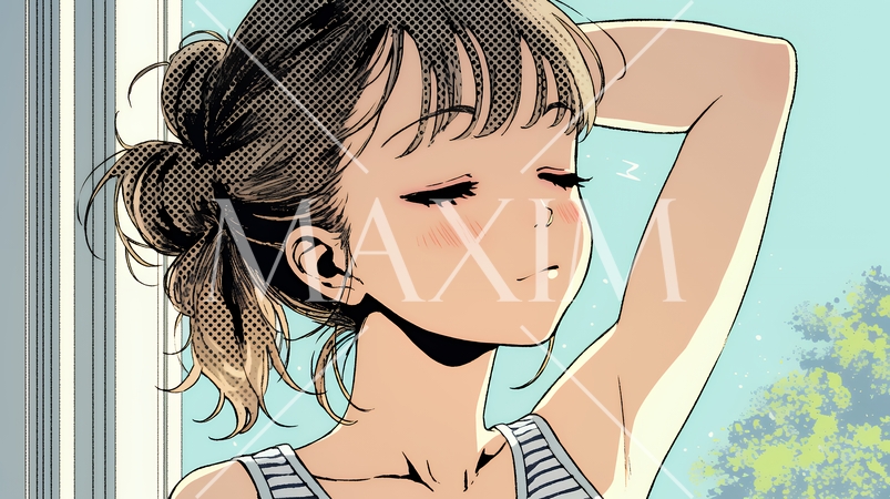 朝の目覚ましを止めて伸びをしている若い女性