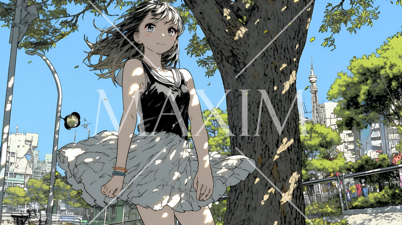 スカートを揺らしながら春風と戯れている若い女性