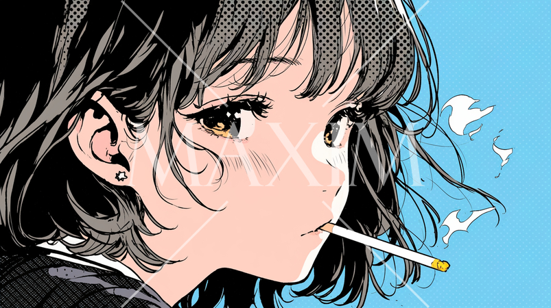 くわえたばこで喫煙している若い女性