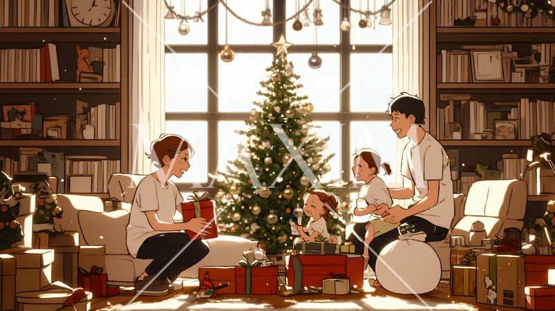 仲良し親子の楽しいクリスマス（シンプルな色使い）