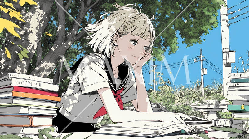 読書の秋：紅葉の木の下で本を読んでいる若い女性