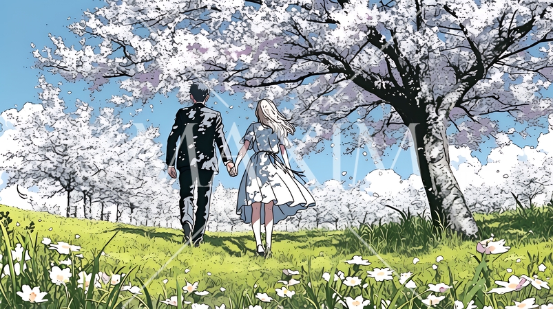 満開の桜の木の下でデートをしている若い男女のカップル