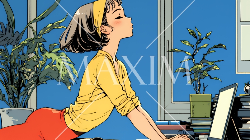 仕事の合間にストレッチ（伸び）をする女性