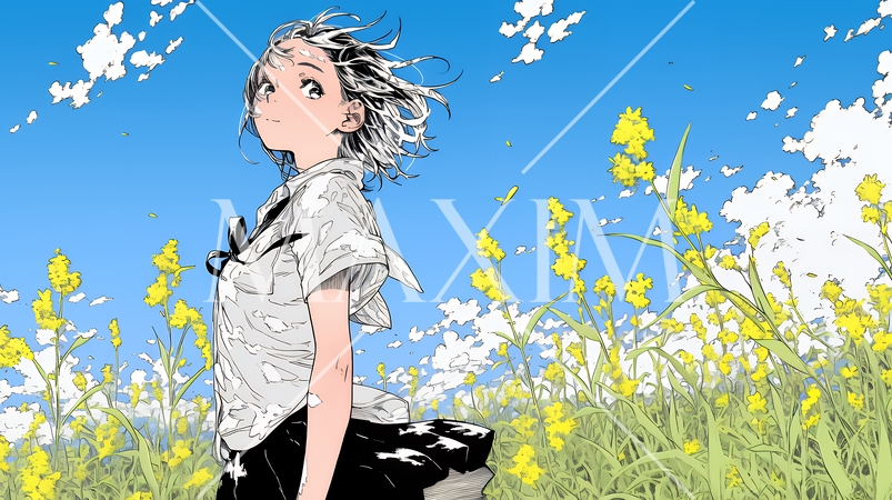 春風の中、菜の花畑にいる制服姿の女子高生