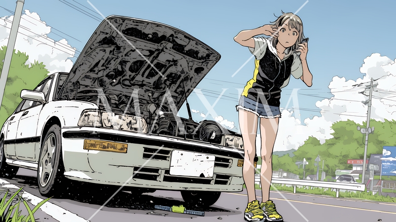 ドライブ中の車の故障・事故・トラブルで困っている女性