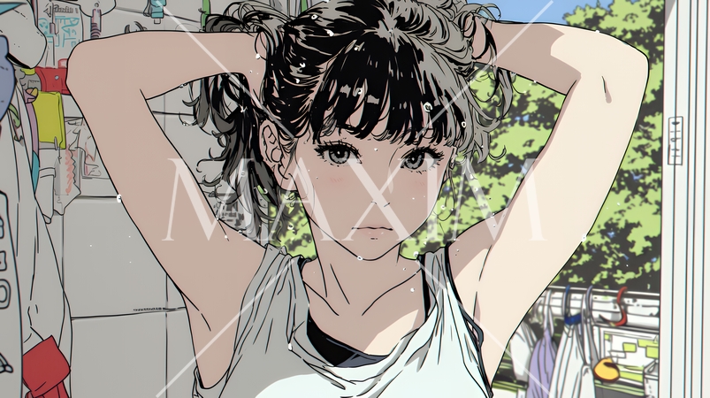 ヘアーシャワーの後の濡れ髪の若い女性