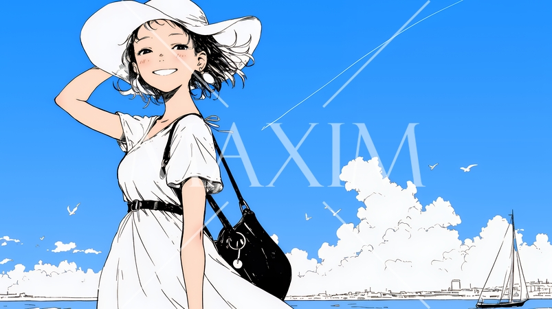 夏休みの思い出：海辺の町への一人旅（シンプルな色使い）